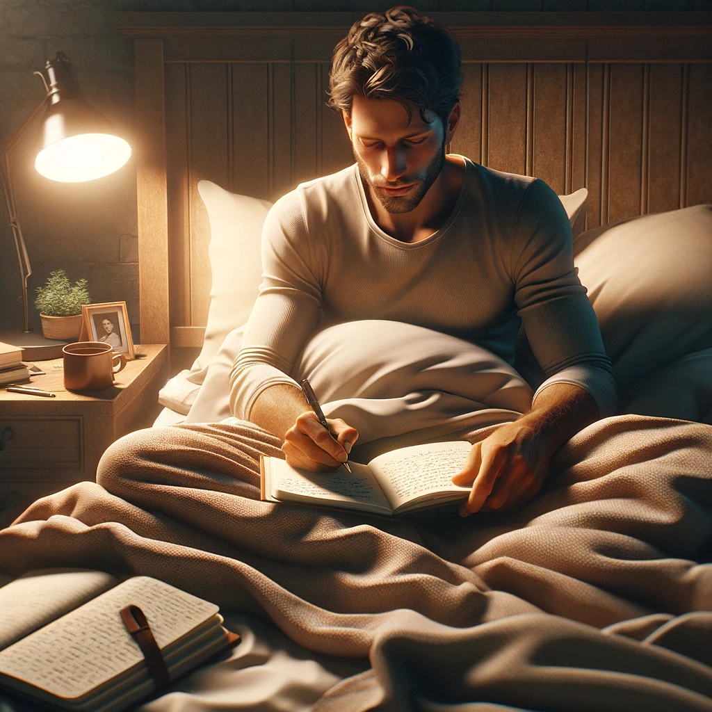 Man journaling in bed