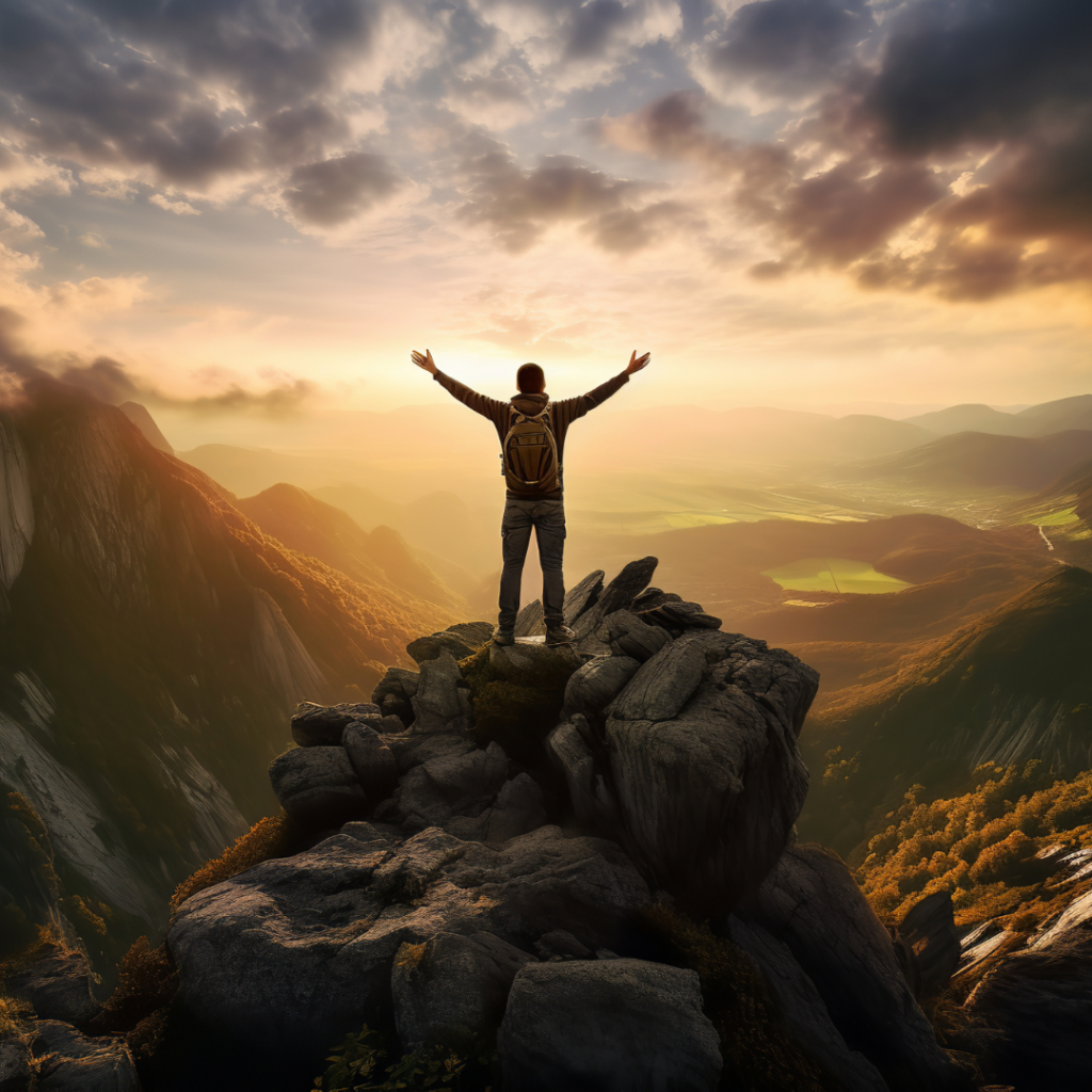 Man at the top of mountain with arms out wide.