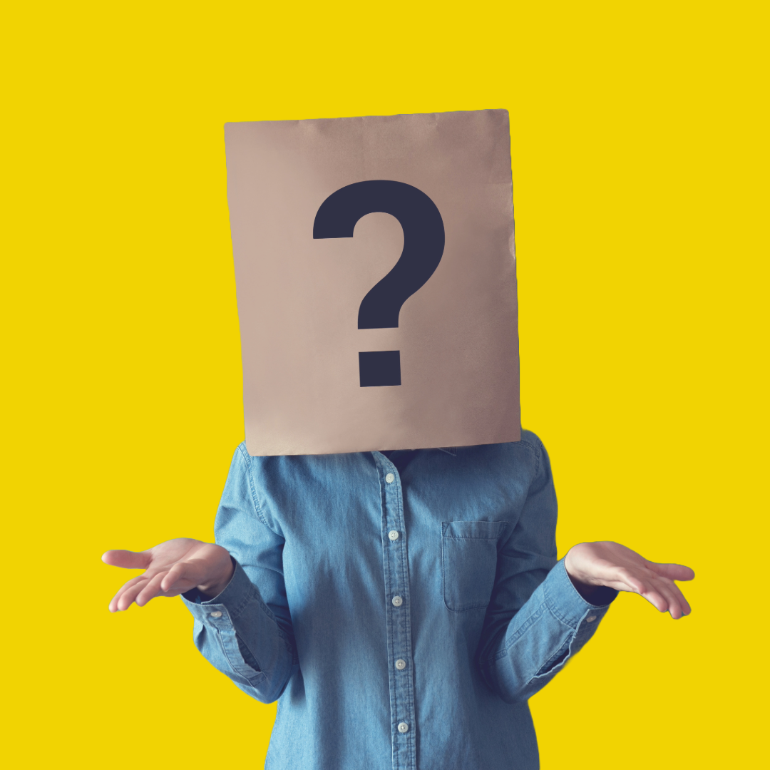 Person with a bag on their head with a question mark.